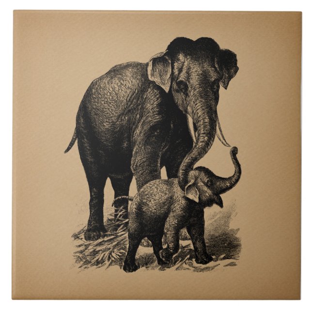 Mor och Baby Elephant Vintage Art Kakelplatta (Framsidan)