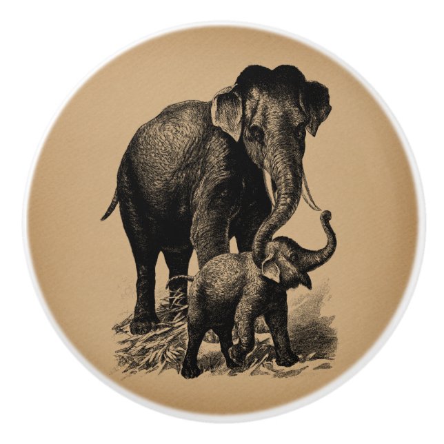 Mor och Baby Elephant Vintage Art Knopp (Framsidan)