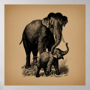 Mor och Baby Elephant Vintage Art Poster