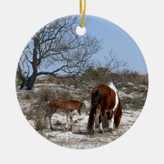 Mor och Baby-häst vid Assateague Julgransprydnad Keramik (Framsidan)