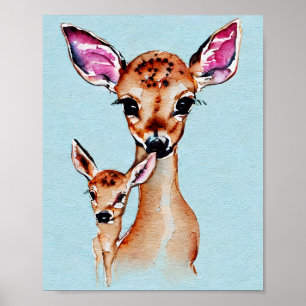 Mor och Baby Hjort Watercolor Kärlek-familjen Poster
