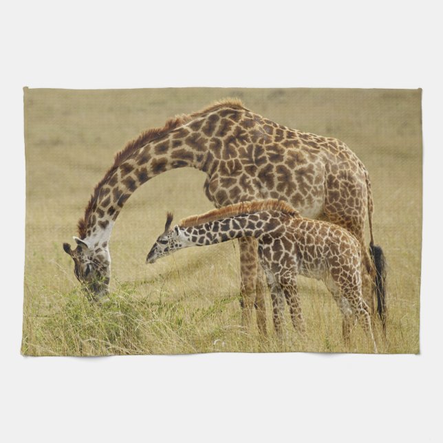 Mor och baby Masai Giraffe, Giraffa Kökshandduk (Horisontell)