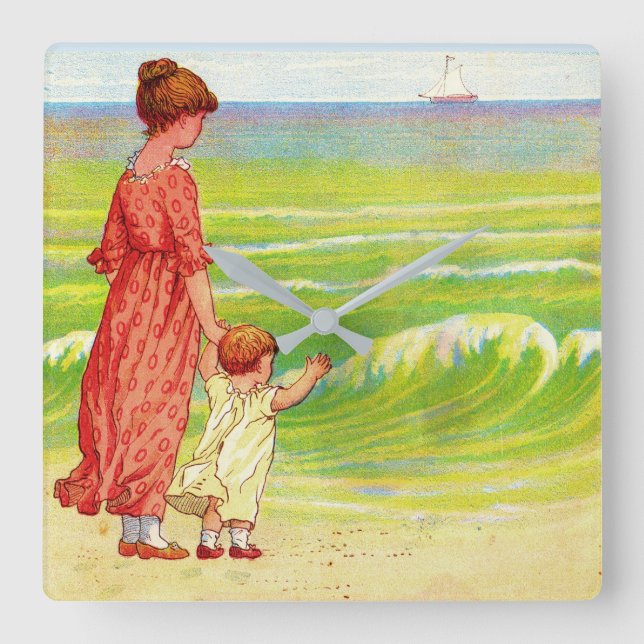mor och baby på stranden fyrkantig klocka (Framsida)