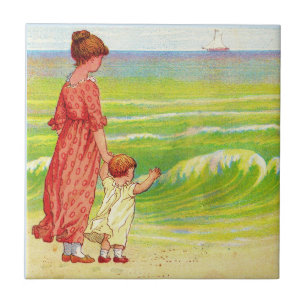 mor och baby på stranden kakelplatta