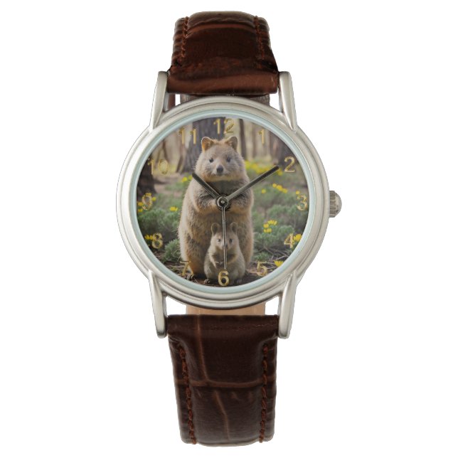 Mor och Baby Quokka, Dam Leather Watch Armbandsur (Framsida)