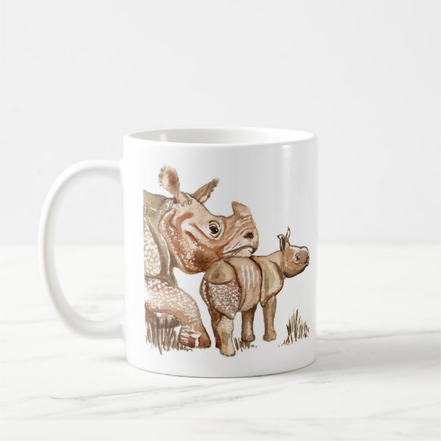 Mor och Baby Rhinoceros Artwork Mugg (Vänster)