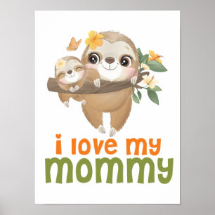 Mor och Baby Sloths Hanging vid Gren I kärlek Poster