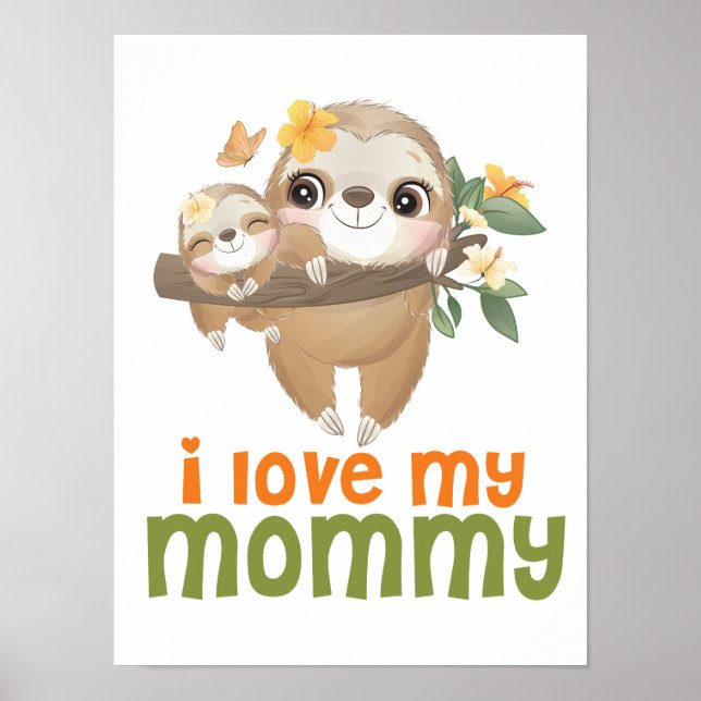Mor och Baby Sloths Hanging vid Gren I kärlek Poster (Framsidan)
