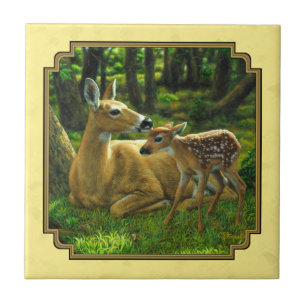 Mor och Baby Whitetail Hjort Gult Kakelplatta
