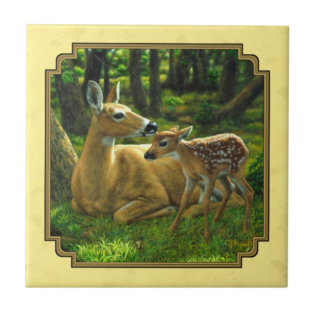 Mor och Baby Whitetail Hjort Gult Kakelplatta (Framsidan)