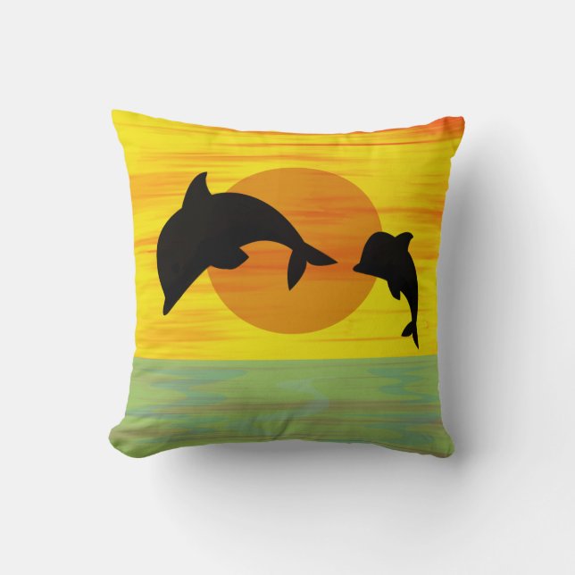 Mor- och babydelfin på solnedgången kudde (Framsida)