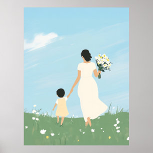 Mor och barn i en blommande skugga poster