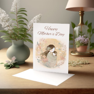 Mor och Barn med vattenfärgsblommor Kort