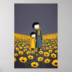 Mor och barn som håller hand i en gyllene blomma poster