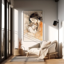 Mor och Barn Vattenfärg Porträtt Klimt Nouveau