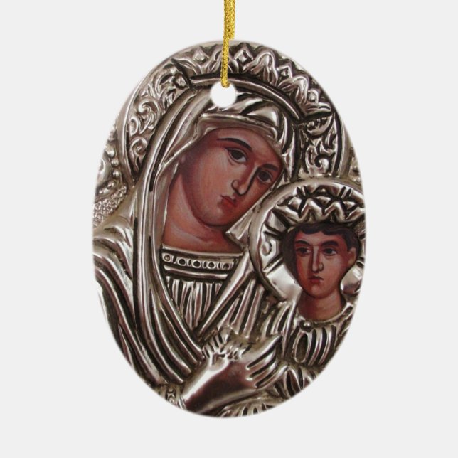 Mor- och barnsymbol, Madonna och Jesus i silver Julgransprydnad Keramik (Framsidan)