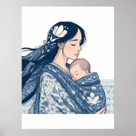 Mor och Bebis – Blå Blommig Ömhet Konst Poster