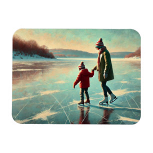 Mor och Child Ice Sking på ett fryst sjö Magnet