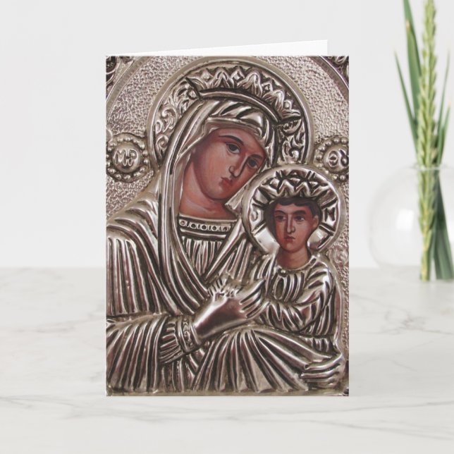 Mor och Child Icon, Madonna och Jesus i silver Helgkort (Framsida)
