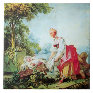 Mor och Child på Wheelbarrow av Fragonard Kakelplatta
