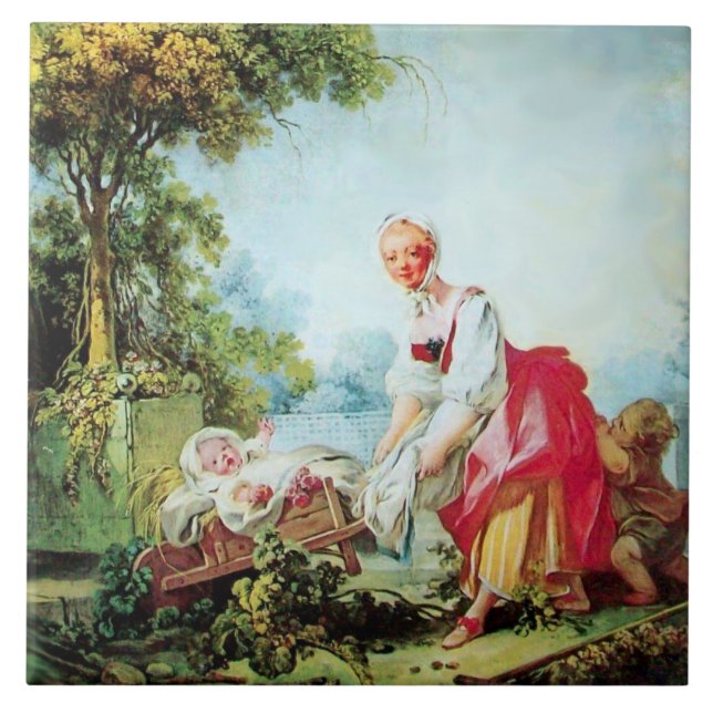 Mor och Child på Wheelbarrow av Fragonard Kakelplatta (Framsidan)
