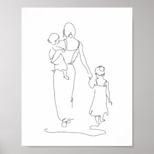 Mor och Children Line Art, Familjeillustration Poster