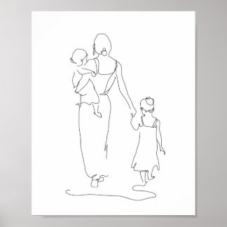 Mor och Children Line Art, Familjeillustration Poster