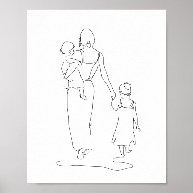 Mor och Children Line Art, Familjeillustration Poster (Framsidan)