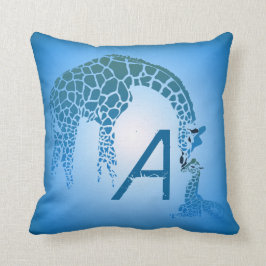 Mor och Cute Baby Giraffe Monogram| blått Kudde