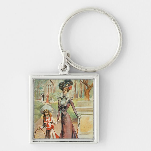 Mor och dotter på en gå (färglithoen) fyrkantig silverfärgad nyckelring (Framsidan)