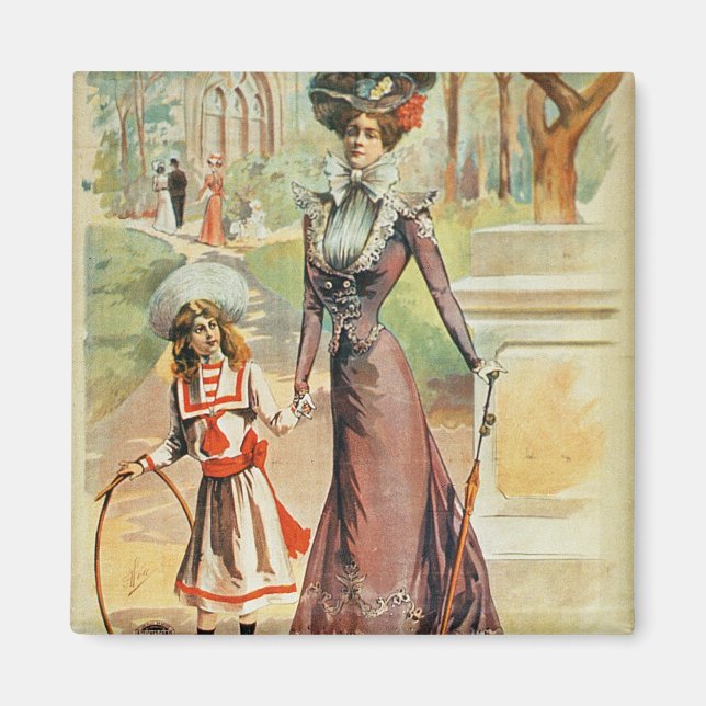 Mor och dotter på promenad (färg litho) magnet (Framsidan)