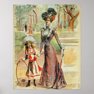 Mor och dotter på promenad (färg litho) poster