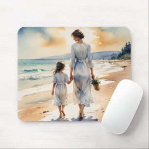Mor och dotter som går längs stranden musmatta