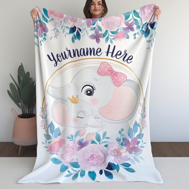Mor- och kalv elefant Rosa blomsterkrans Fleecefilt (Mother and Baby Elephant Pink Blush Flower Wreath Fleece Blanket (L))