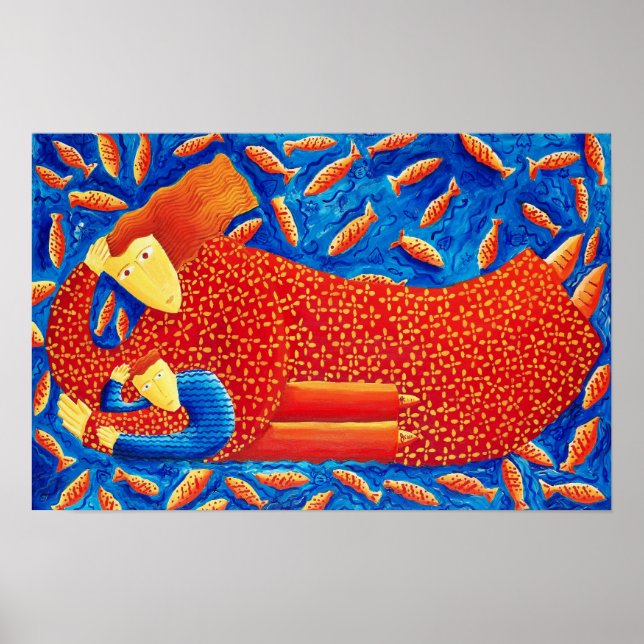 Mor och son med guldfisk Konsttryck Poster (Framsidan)