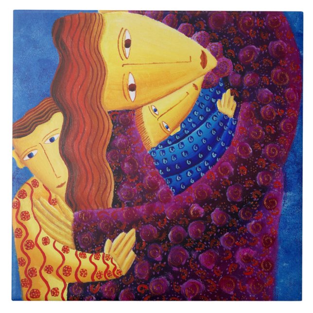 Mor och söner målning familj konsteramikplattor kakelplatta (Framsidan)