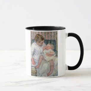 Mor omkring som tvättar henne sömnigt barn, 1880 mugg