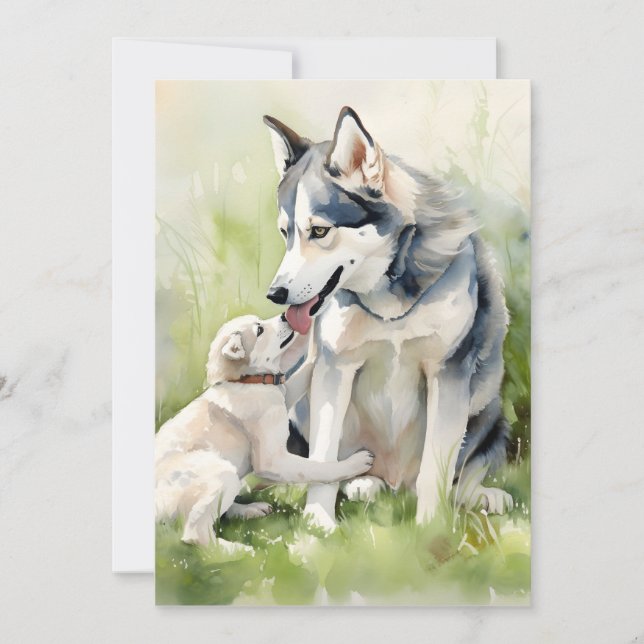 Mor Siberian husky Mamma Paint-bakgrund för Hund Julkort (Framsida)
