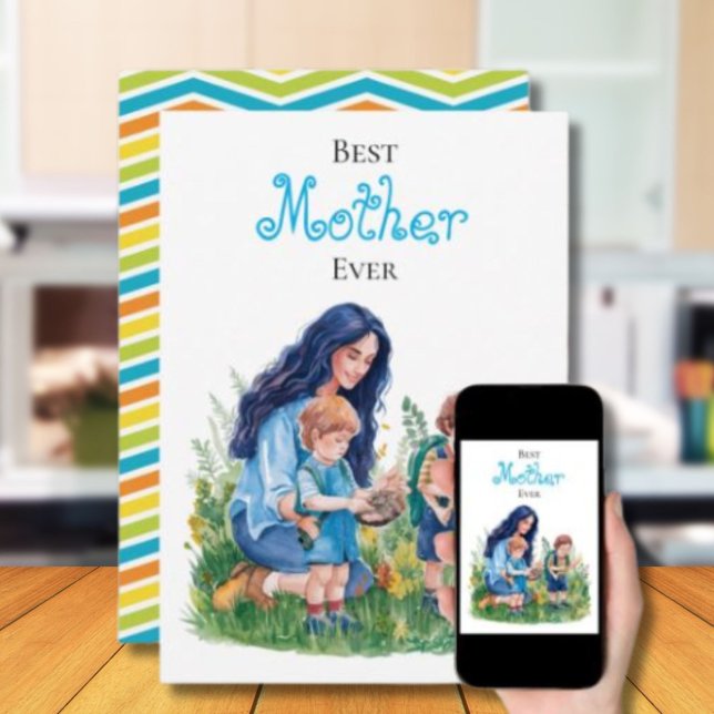 Mor & Söner Akvarell Trädgårdsillustration Kort (Skapare uppladdad)