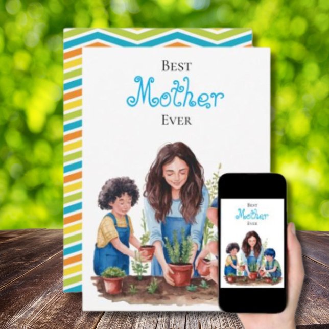 Mor & söner planteringslektion Akvarellbild Kort (Skapare uppladdad)