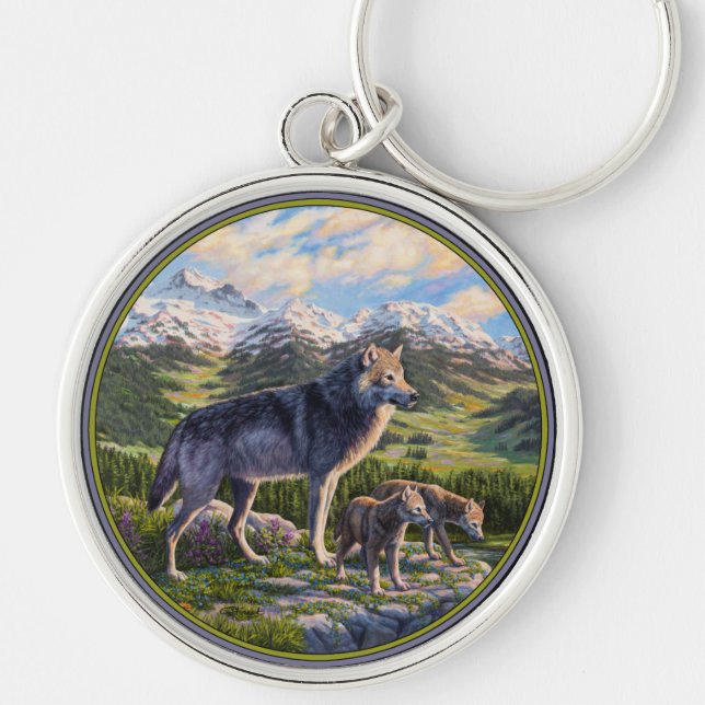 Mor Varg och Valper Bergsflodens Valley Rund Silverfärgad Nyckelring (Framsidan)
