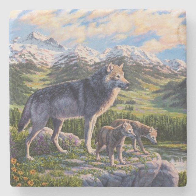Mor Varg och Valper Bergsflodens Valley Stenunderlägg (Framsidan)
