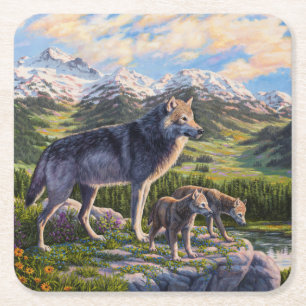 Mor Varg och Valper Bergsflodens Valley Underlägg Papper Kvadrat