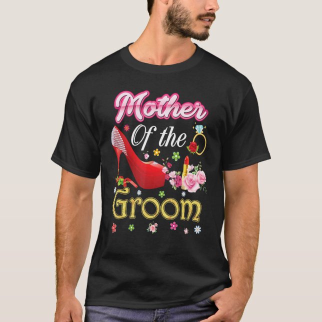 Mor vid Bröllop i Groom Lycklig, blomma Rosa T Shirt (Framsida)