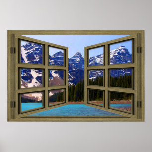 Moraine Sjö Brown Wood 6 Pane Open Window Poster