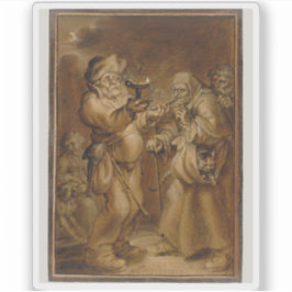 Moraliserande scen med gammal kvinna och man klistermärken