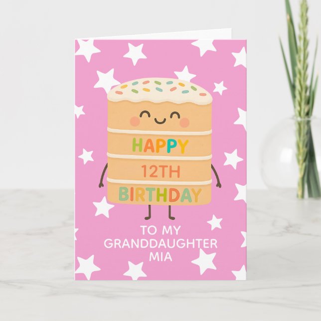 Mordotter 12:e Birthday Rosa Cute Cake Anpassnings Kort (Framsida)