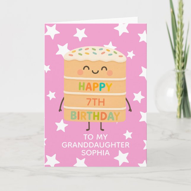 Mordotter 7:e Birthday Rosa Cute Cake Anpassningsb Kort (Framsida)