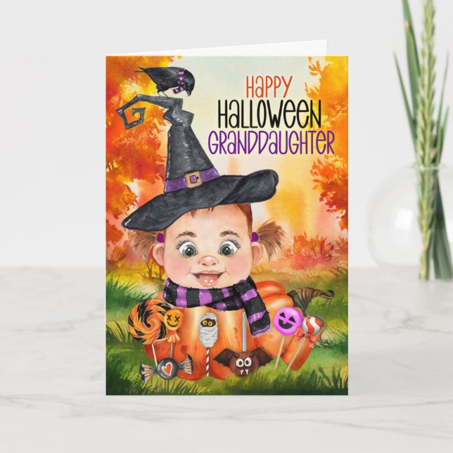 Mordotter Little Witch Raven Halloween Pumpkin Helgkort (Framsida)