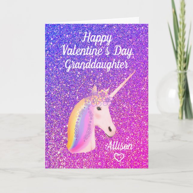 Mordotter Valentines day Glitter Unicorn Namn Helgkort (Framsida)